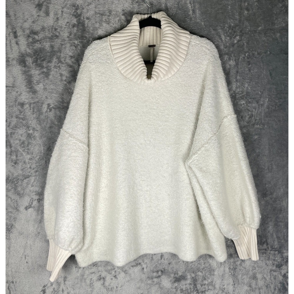 Free People Milo Cowl Neck Sweater Women XL Cream Boucle Fuzz Oversized Pullover